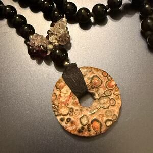 Leopard Skin Jasper Pendant Black Glass Beaded Necklace